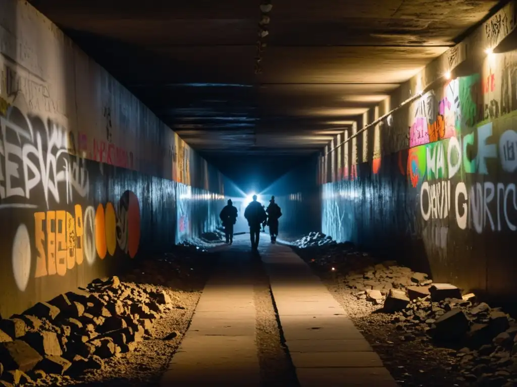 Un túnel oscuro con refugios improvisados y figuras en la penumbra