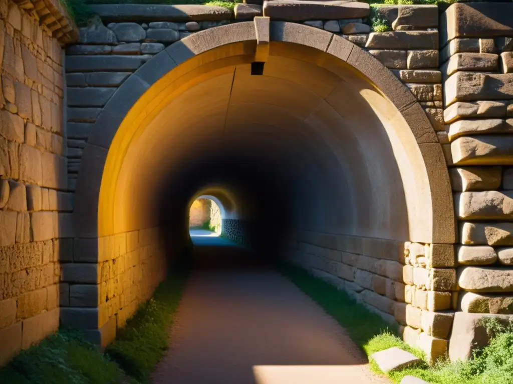 Una fotografía de alta resolución de un túnel de piedra intrincadamente tallado, iluminado suavemente por una cálida luz dorada