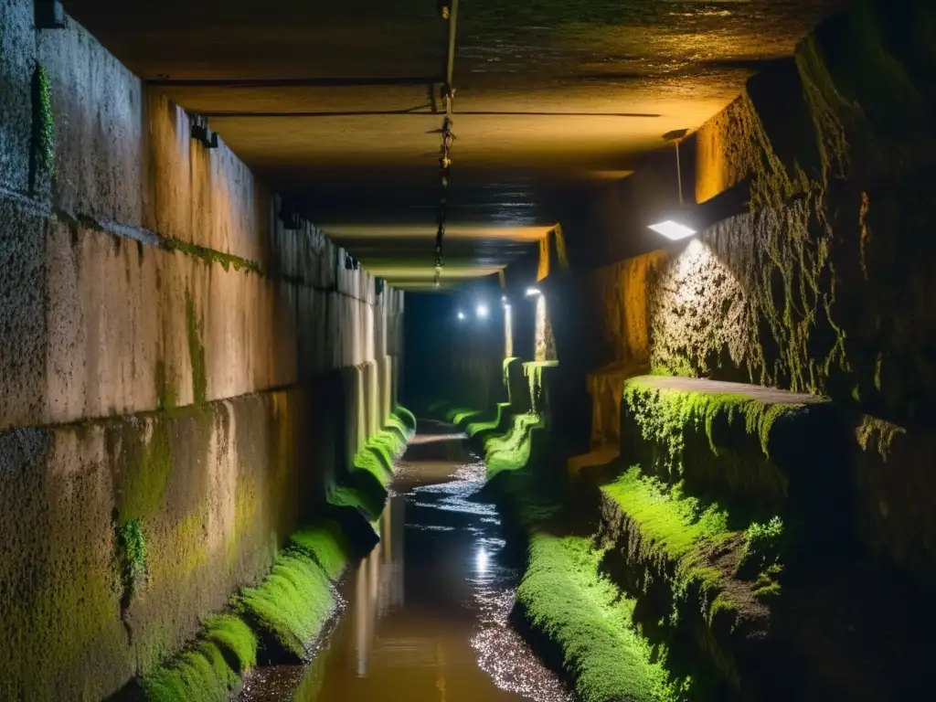 Un túnel secreto en Vietnam, con paredes cubiertas de musgo y siluetas moviéndose en la penumbra