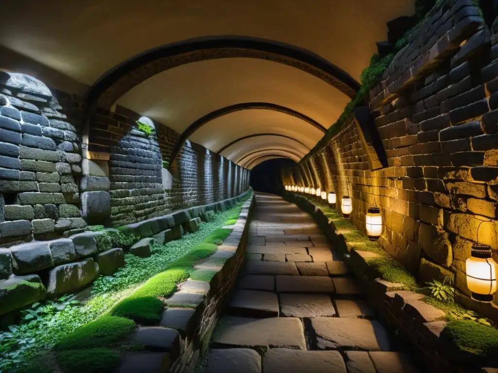 Un túnel subterráneo serpenteante y con poca luz bajo la Gran Muralla China, con paredes de piedra cubiertas de musgo y la suave luz de linternas