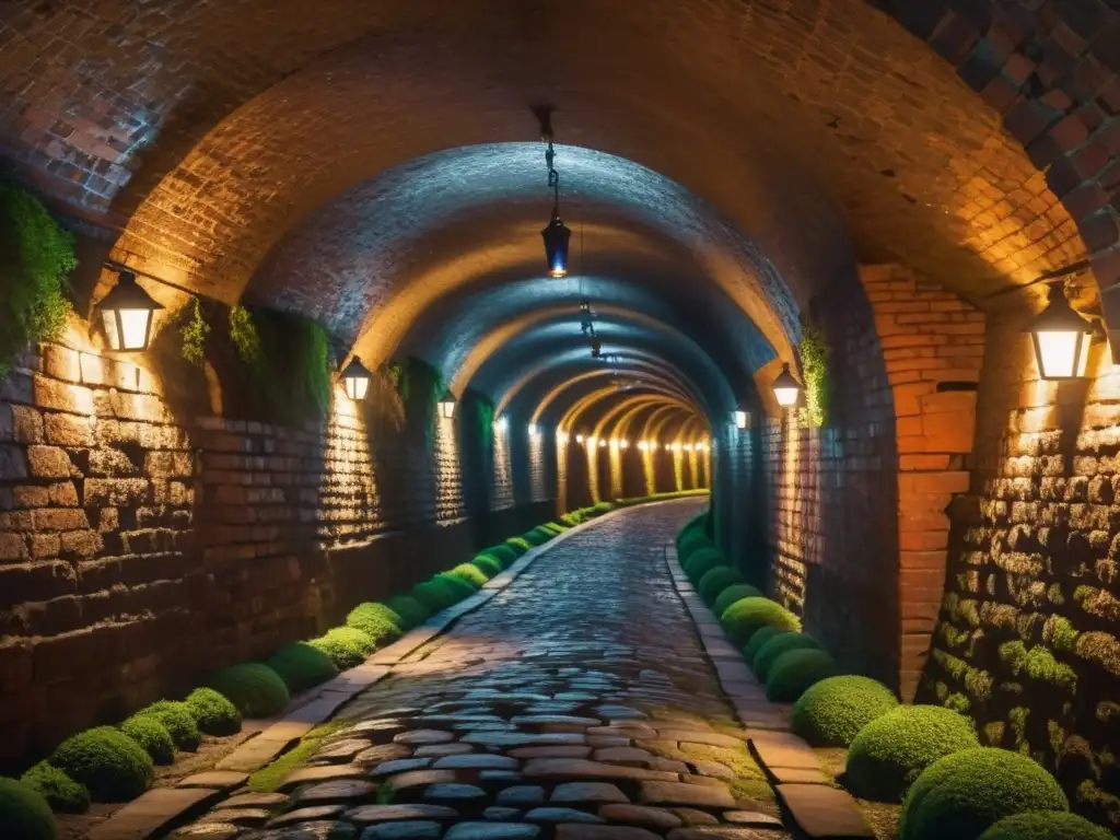 Un túnel subterráneo serpenteante con paredes de ladrillo cubiertas de musgo, iluminado por linternas, evocando un ambiente misterioso