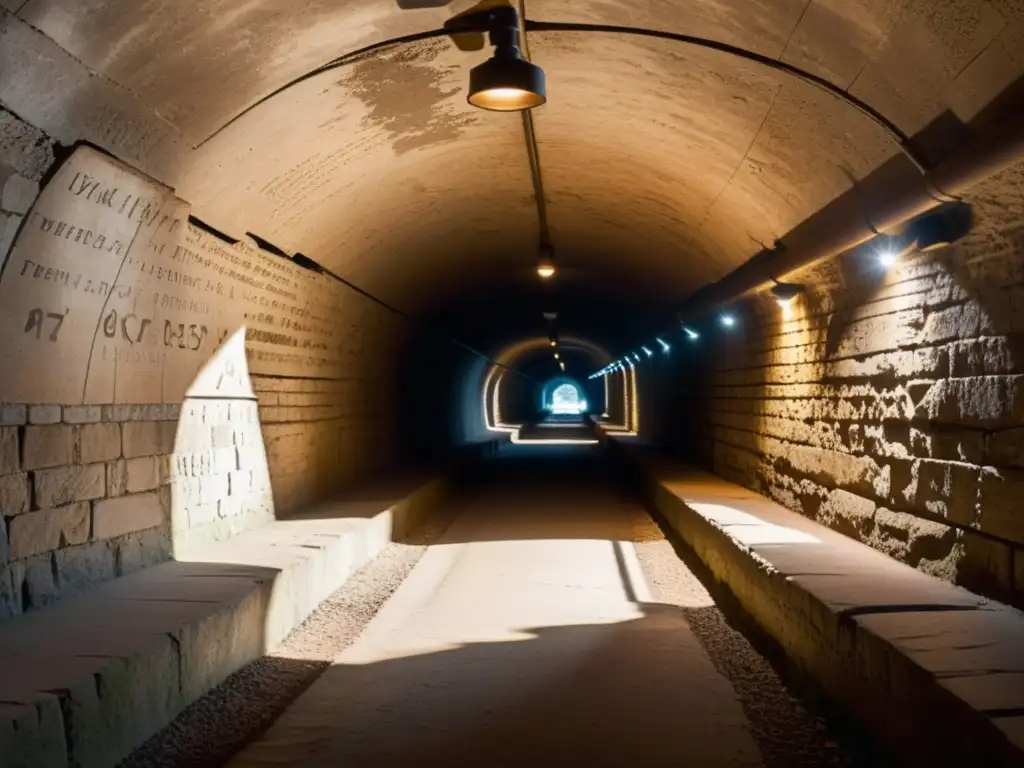 Un túnel del siglo XIX iluminado tenuemente con símbolos secretos, evocando la historia de los Túneles de la Libertad