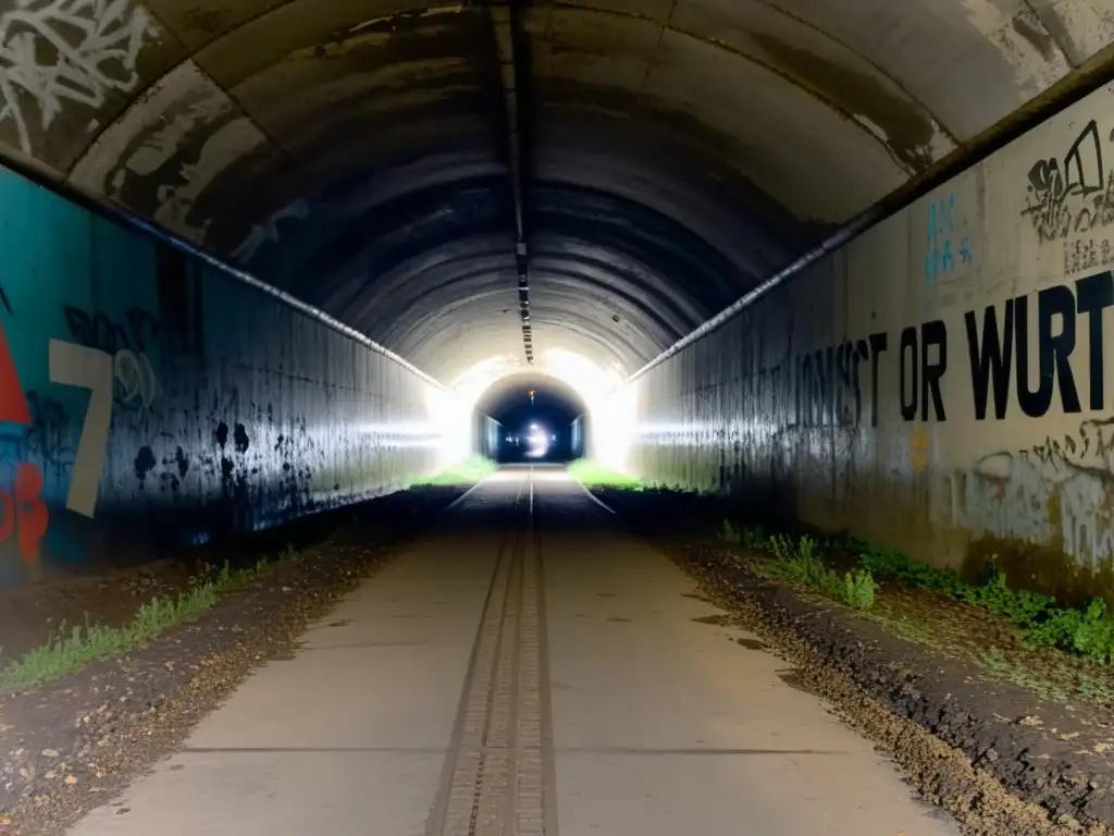 Un túnel sombrío con grafitis y restos de conflicto de la Guerra Fría