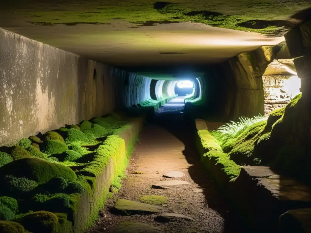 Un túnel subterráneo con antiguas paredes de piedra cubiertas de musgo y sombras misteriosas