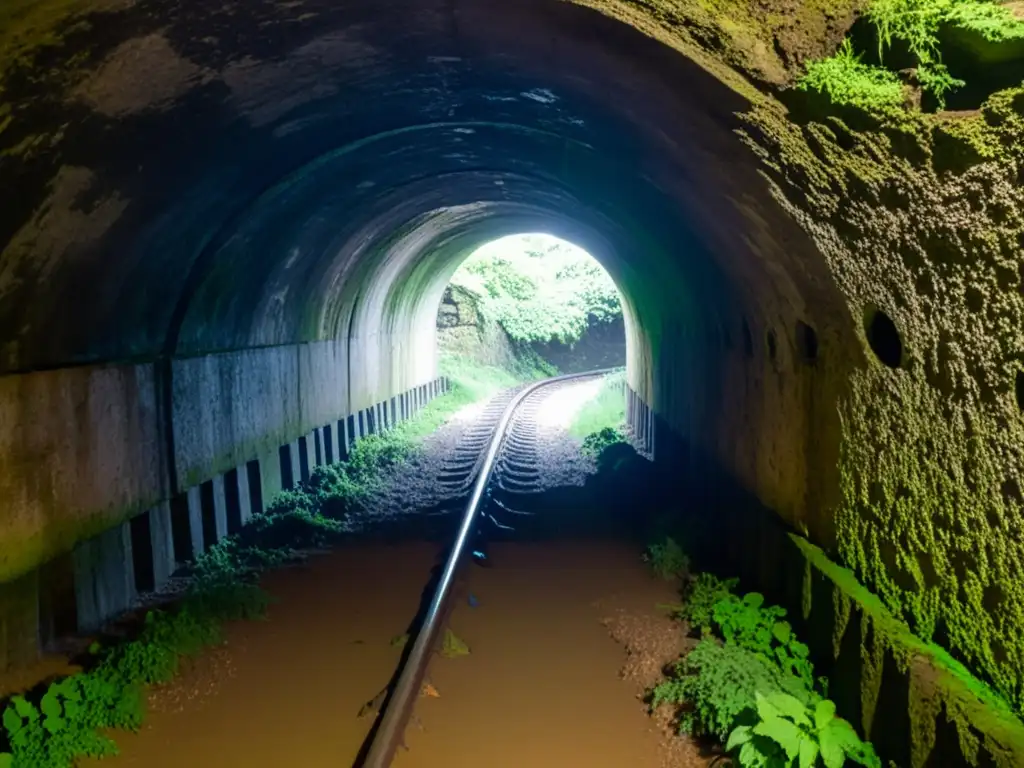 Un túnel subterráneo antiguo y húmedo, con moho en las paredes, iluminado por una luz suave