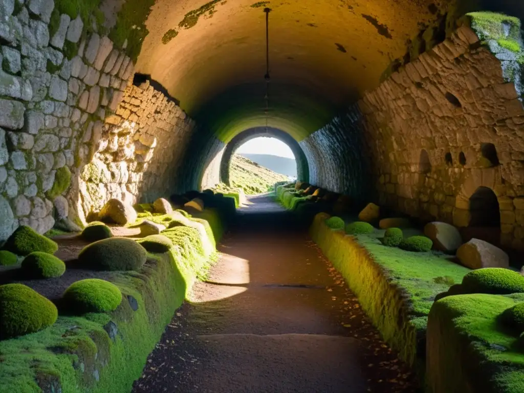 Un túnel subterráneo antiguo iluminado por una cálida luz, cubierto de musgo y líquenes