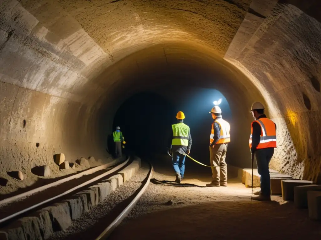 Un túnel subterráneo antiguo iluminado por tenues faroles, donde trabajadores inspeccionan la estructura