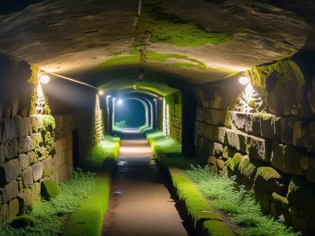 Un túnel subterráneo antiguo iluminado por antorchas, con muros de piedra cubiertos de musgo y líquenes