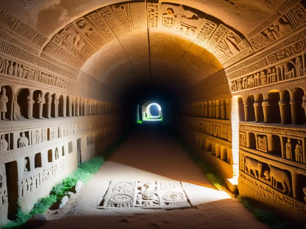 Un túnel subterráneo antiguo iluminado por luz cálida, con figuras en actividades ceremoniales