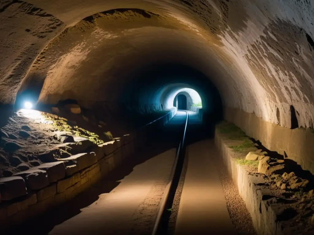 Un túnel subterráneo antiguo iluminado por una luz tenue, evocando misterio e historia