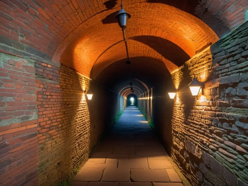 Un túnel subterráneo antiguo con intrincada arquitectura de ladrillo iluminado por tenue luz, evocando misterio e historia