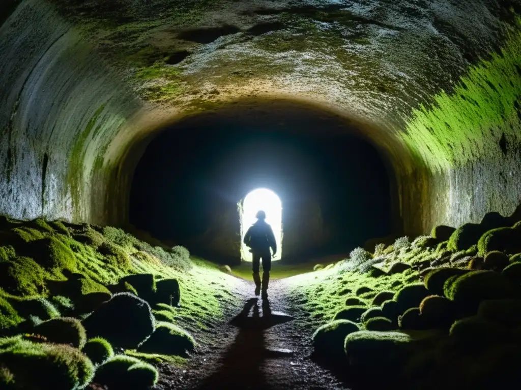 Un túnel subterráneo antiguo y misterioso se adentra en la distancia, mientras un explorador solitario ilumina la oscuridad con su linterna