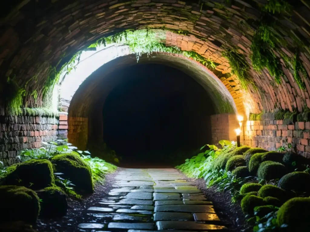 Un túnel subterráneo antiguo y misterioso con arcos de ladrillo cubiertos de musgo y enredaderas, iluminado por antorchas