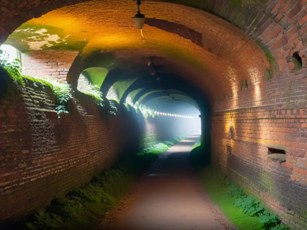 Un túnel subterráneo antiguo y misterioso iluminado por luz dorada