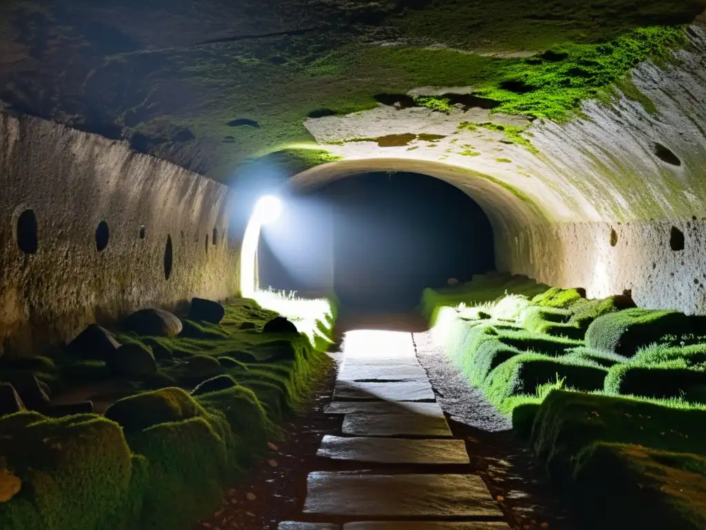 Un túnel subterráneo antiguo y oscuro con pasillos estrechos y paredes cubiertas de musgo, evocando ansiedad en espacios subterráneos antiguos