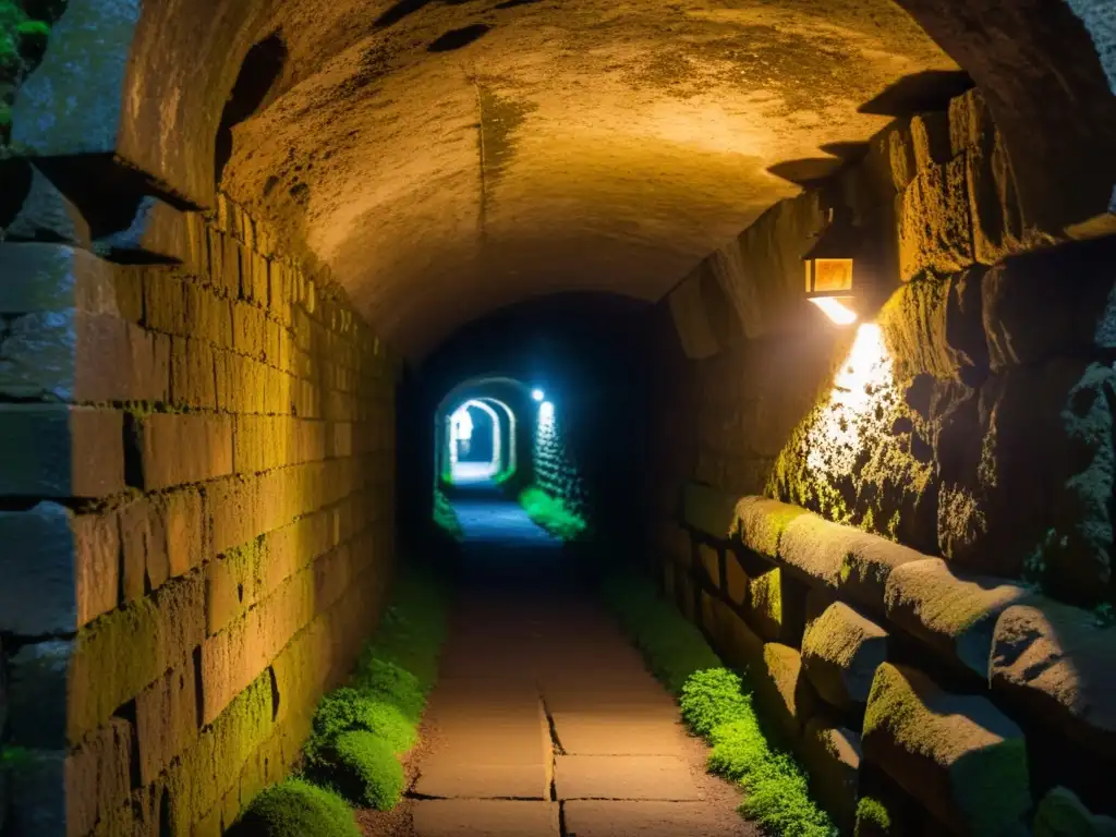 Un túnel subterráneo antiguo y sombrío, con paredes de piedra cubiertas de musgo y antorchas que arrojan largas sombras