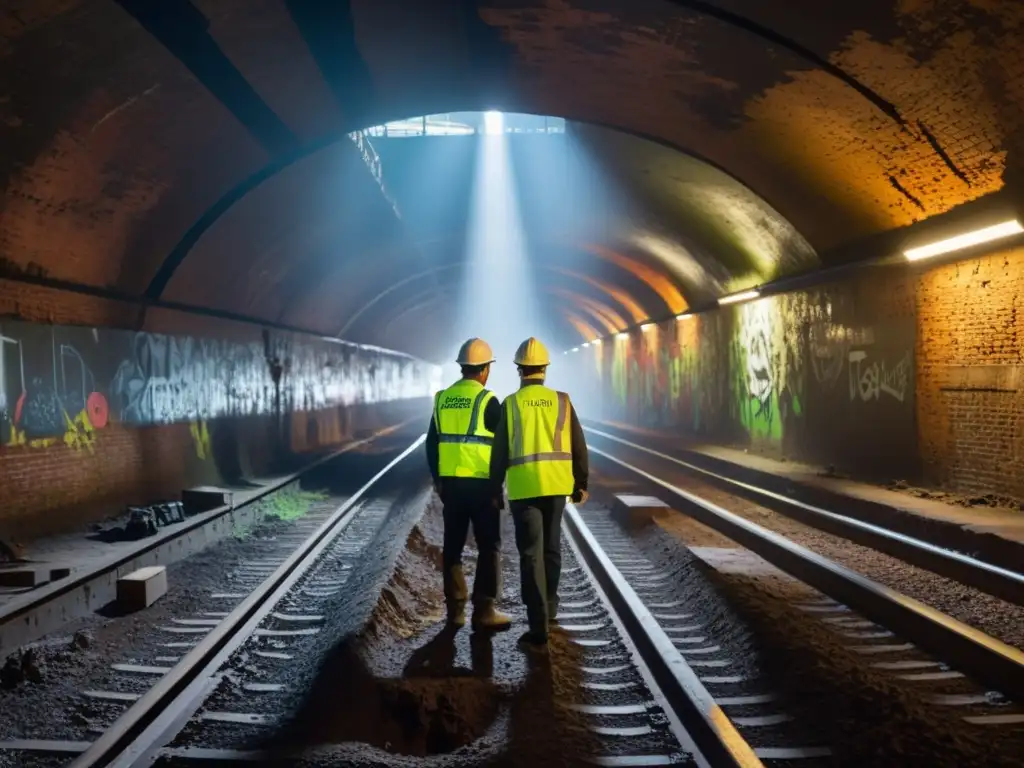 Un túnel subterráneo antiguo, con trabajadores inspeccionando para la conversión de túneles antiguos en espacios comerciales