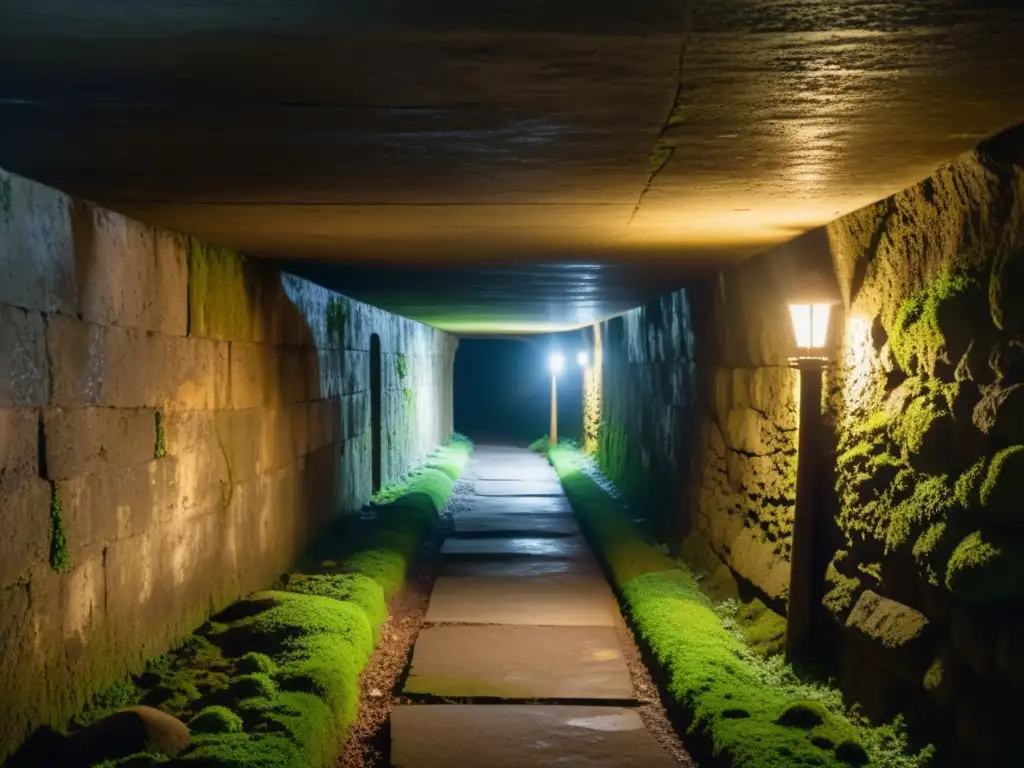 Un túnel subterráneo con antorchas titilantes y muros de piedra cubiertos de musgo, con símbolos misteriosos