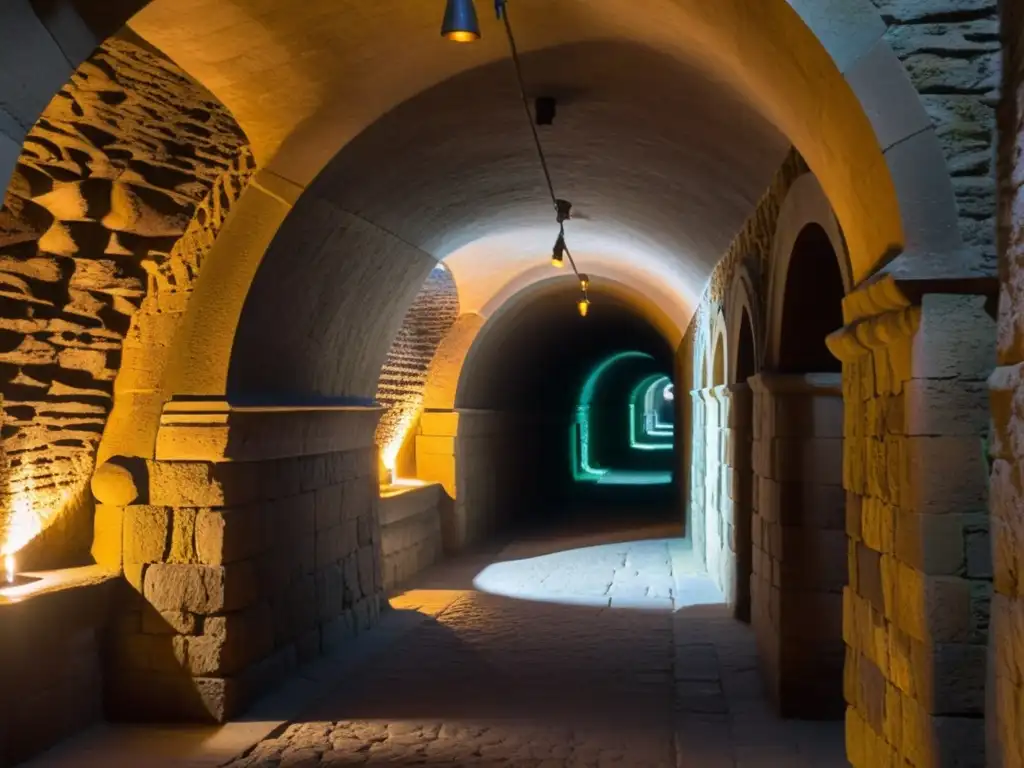 Un túnel subterráneo con arcos y trabajos de piedra, iluminado por antorchas, emana misterio e historia