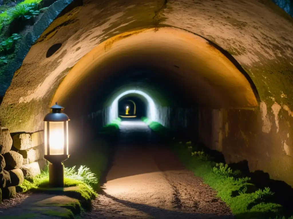 Un túnel subterráneo iluminado por antiguas linternas, con muros de piedra cubiertos de musgo