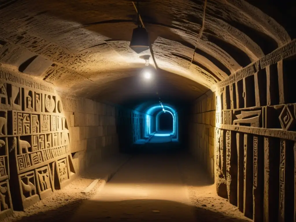 Un túnel subterráneo iluminado débilmente con antiguas paredes de piedra cubiertas de símbolos misteriosos