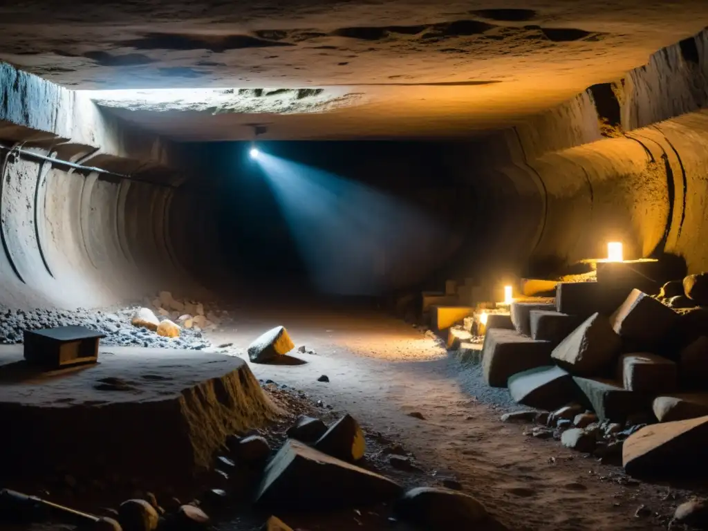 Un túnel subterráneo iluminado débilmente con antorchas, revelando una atmósfera misteriosa y antigua