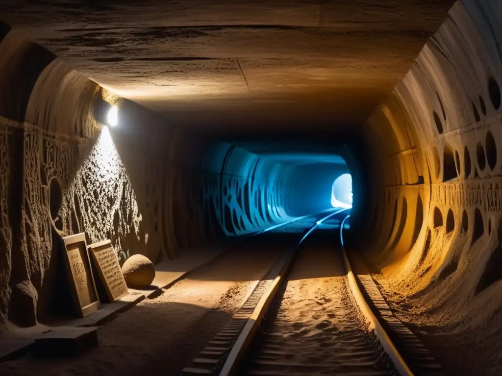 Un túnel subterráneo iluminado por antorchas revela antiguos símbolos