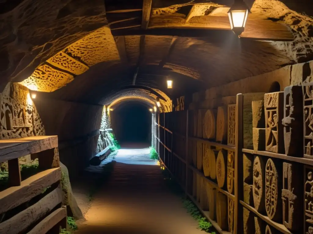 Un túnel subterráneo iluminado por antorchas revela antiguos símbolos en las paredes de piedra