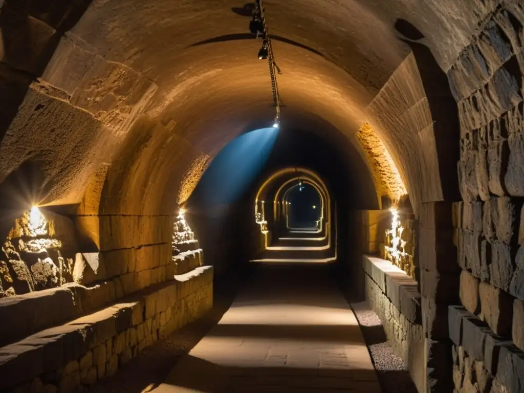 Explorando un túnel subterráneo iluminado por antorchas, revelando antiguos símbolos en las paredes