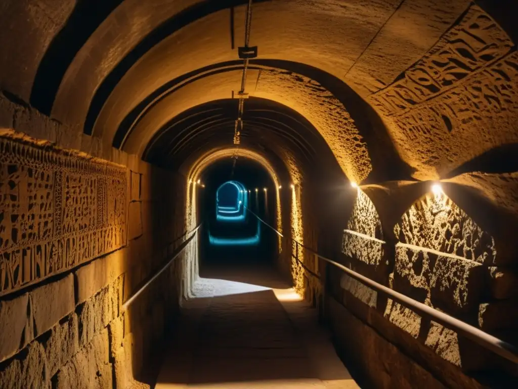 Un túnel subterráneo iluminado por antorchas, con paredes de piedra cubiertas de misteriosas inscripciones