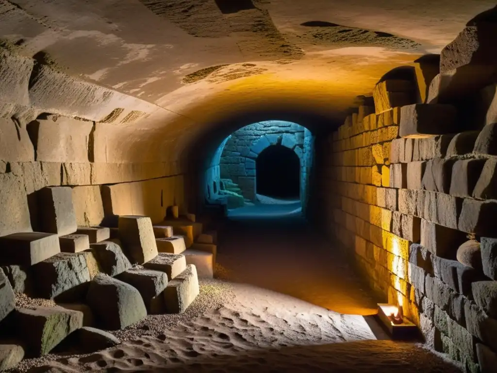 Un túnel subterráneo iluminado por antorchas, con paredes de piedra gastada y símbolos antiguos