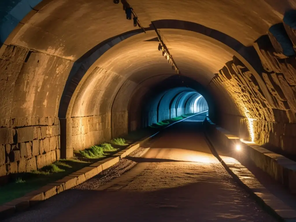 Un túnel subterráneo iluminado por antorchas, revelando pasajes secretos y misteriosos en castillos europeos