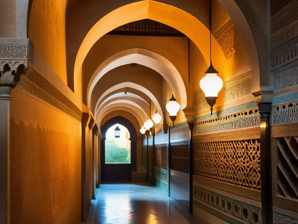 Un túnel subterráneo iluminado con arcos y azulejos islámicos en la Alhambra