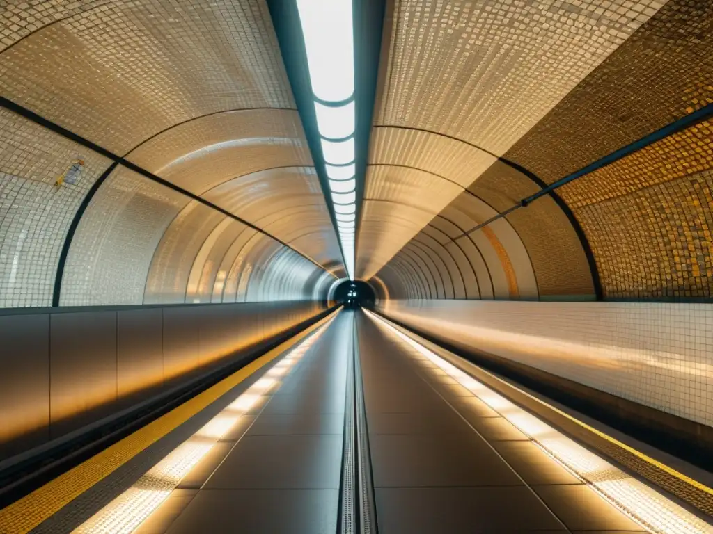 Un túnel subterráneo iluminado con arte en mosaico, resaltando la importancia de túneles en movilidad sostenible