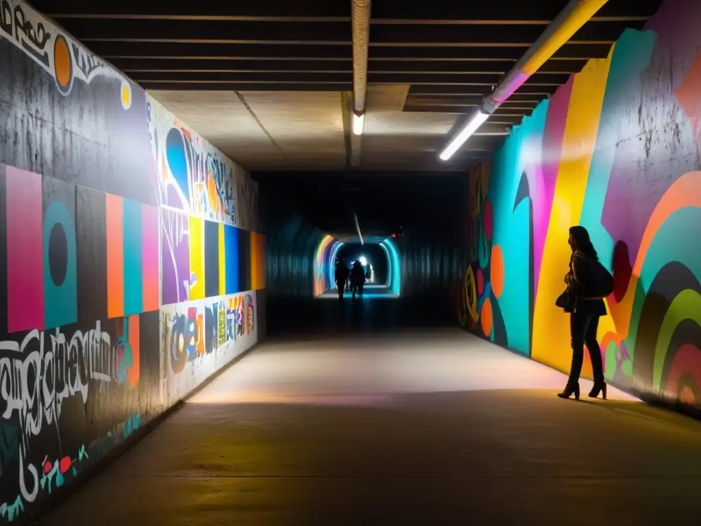 Un túnel subterráneo iluminado con arte urbano colorido y una escultura dramática hecha de materiales reciclados