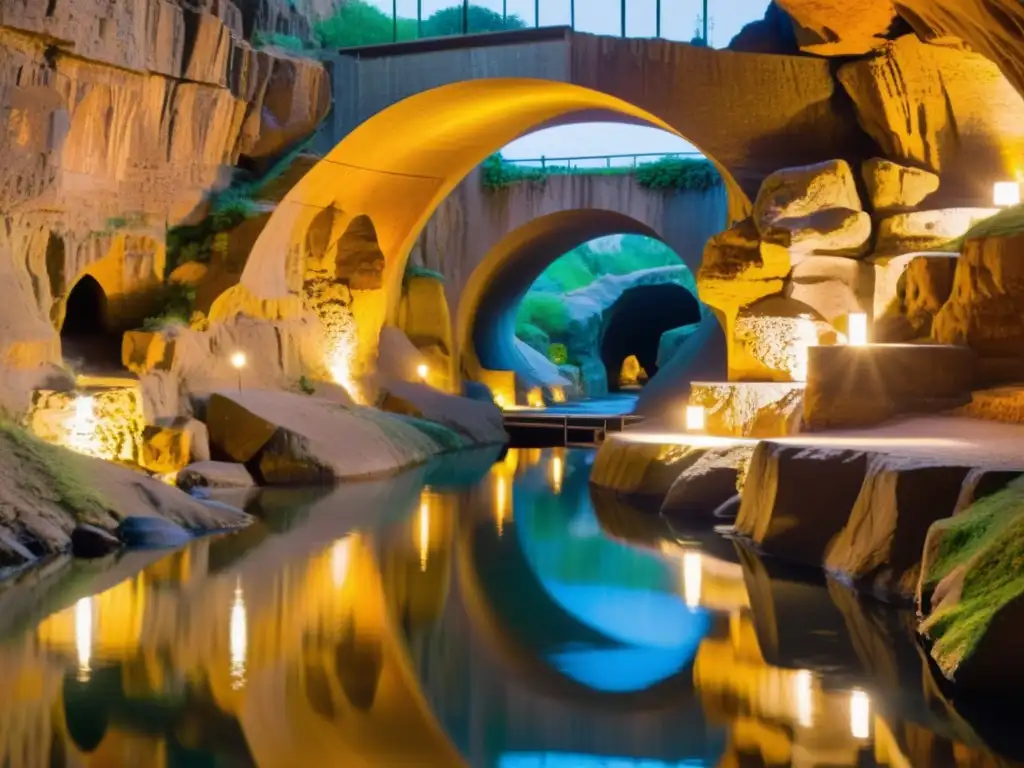 Espléndido túnel subterráneo iluminado: maravilla natural y turística Un túnel subterráneo iluminado por cálidas luces doradas muestra formaciones rocosas y un arroyo tranquilo