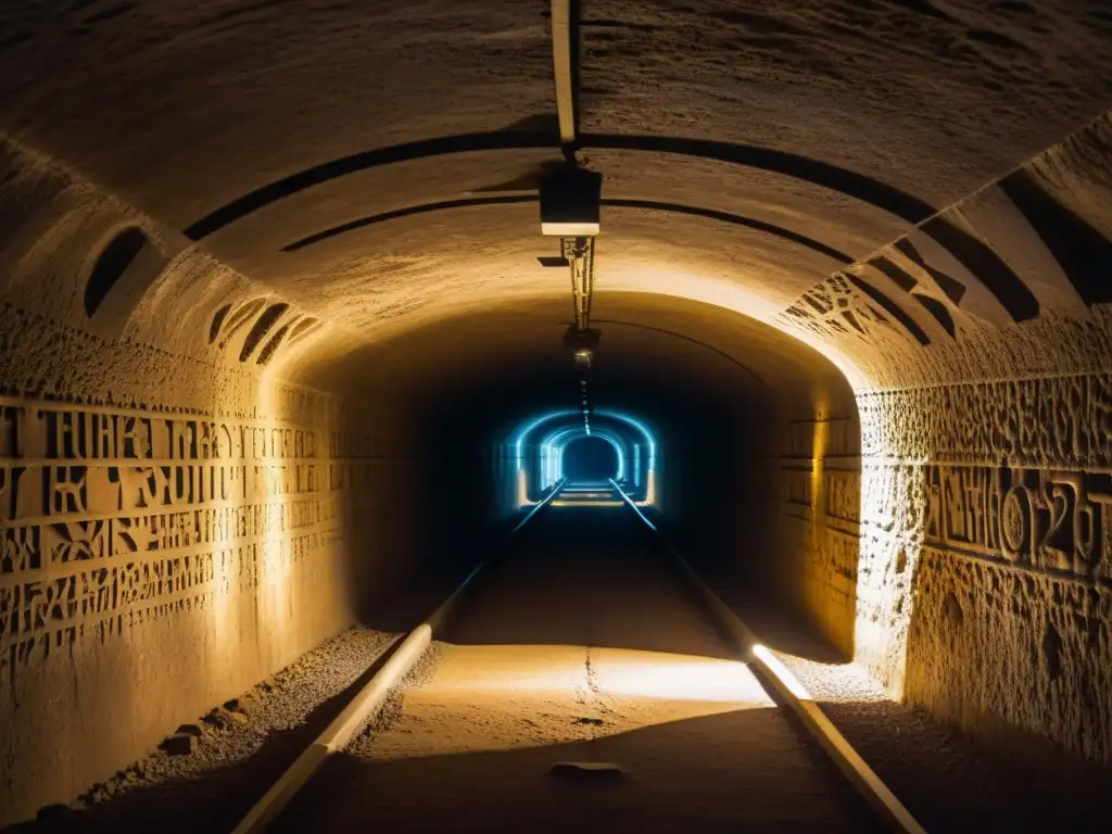 Un túnel subterráneo iluminado débilmente con códigos secretos nazis grabados en las paredes de piedra, creando un ambiente misterioso e inquietante