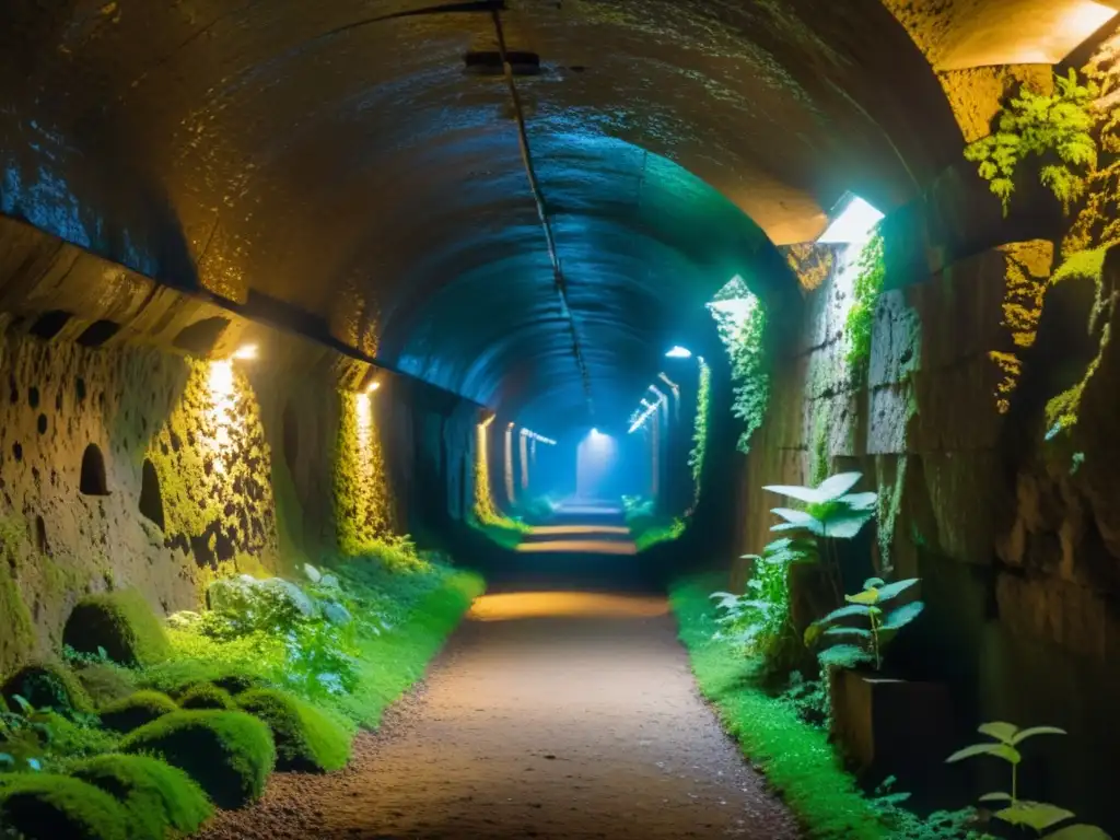 Un túnel subterráneo iluminado débilmente con criaturas iridiscentes que protegen túneles históricos, entre muros cubiertos de musgo