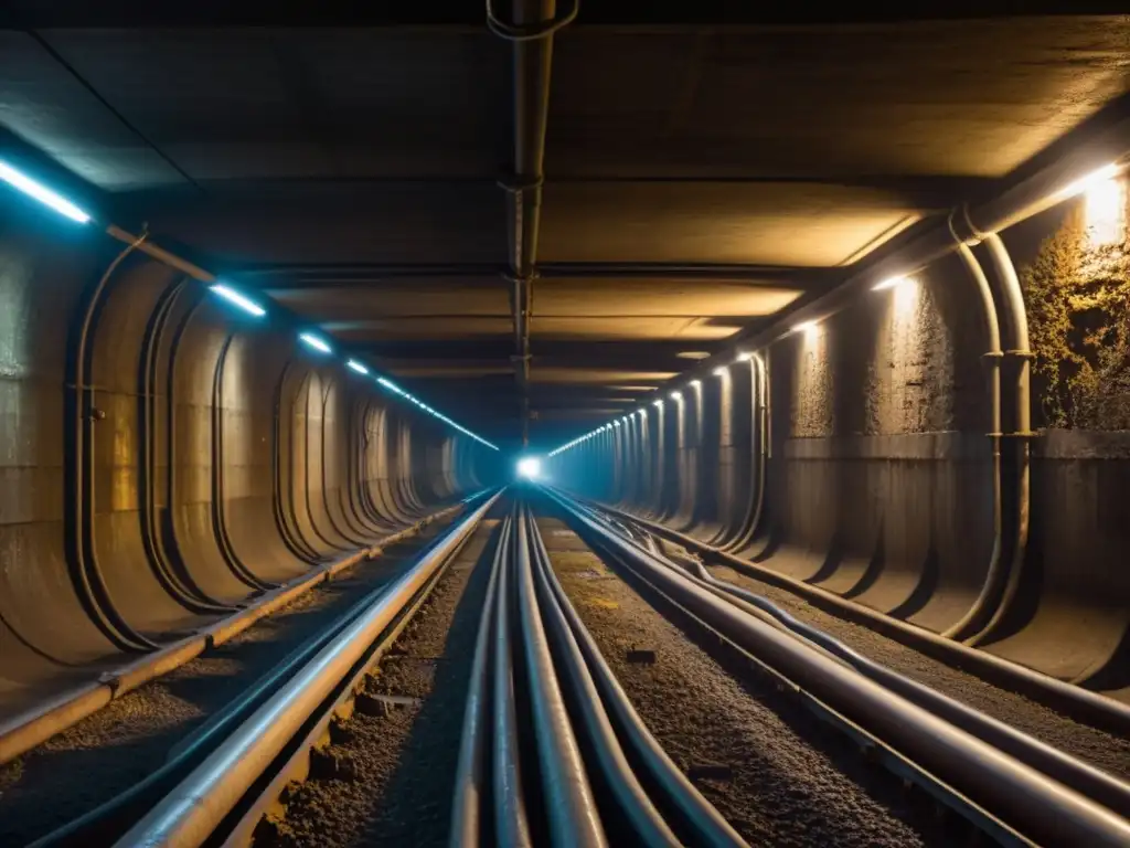 Un túnel subterráneo iluminado con detalles de ingeniería, redes de tuberías y cables