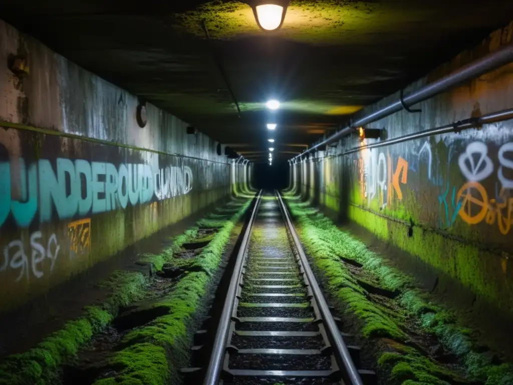 Un túnel subterráneo iluminado débilmente se extiende hacia la distancia, con cables y tuberías a los lados