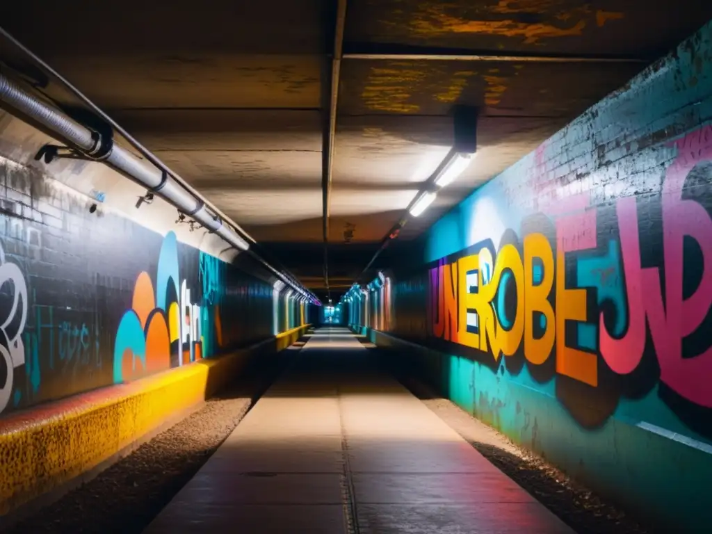 Un túnel subterráneo iluminado débilmente se extiende hacia el fondo, cubierto de vibrantes grafitis