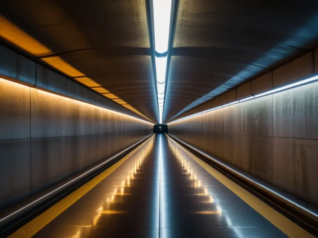 Un túnel subterráneo iluminado de forma tenue revela detalles ingenieriles impresionantes, evocando tácticas para aumentar valor túneles