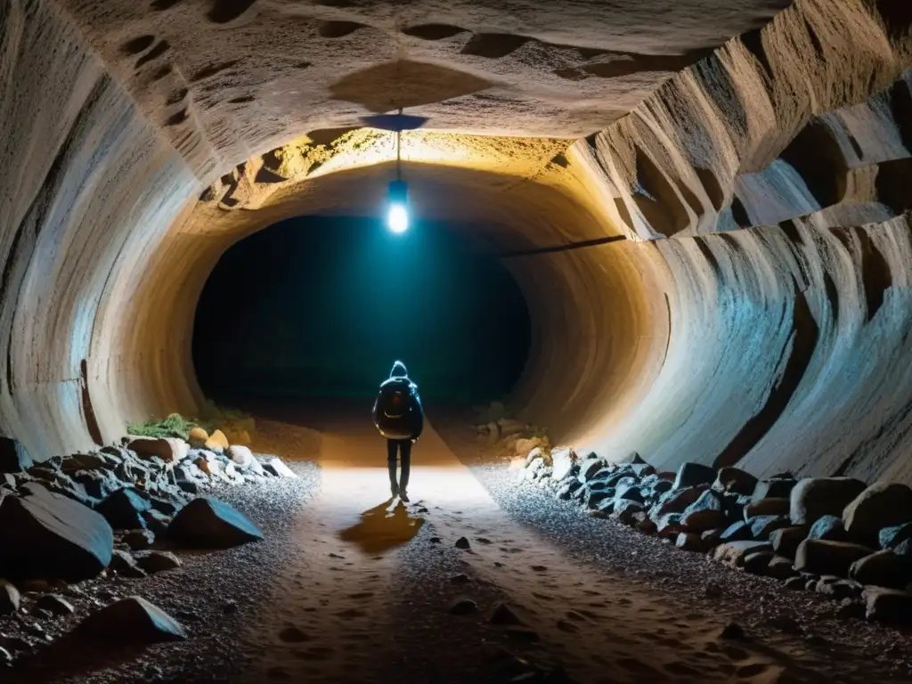 Un túnel subterráneo iluminado débilmente con formaciones rocosas, creando un impacto sensorial en espacios subterráneos