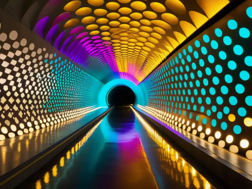 Un túnel subterráneo iluminado con innovaciones en iluminación túneles subterráneos, proyectando dinámicos y coloridos patrones en las paredes y el suelo, creando una atmósfera cautivadora de luz y sombra