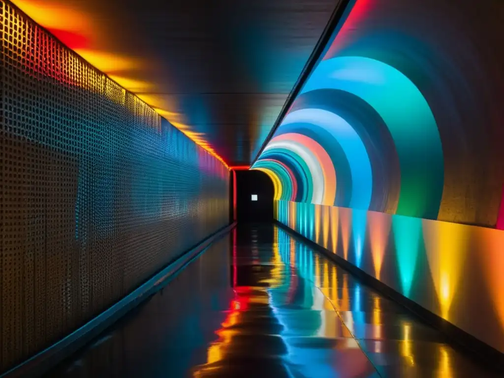 Un túnel subterráneo iluminado con instalaciones artísticas coloridas, creando patrones dinámicos en las ásperas paredes