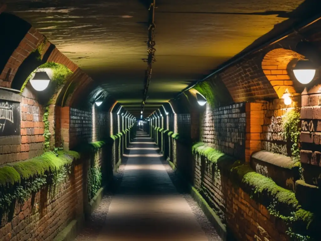 Un túnel subterráneo iluminado por lámparas de gas, con grafitis centenarios y musgo en las paredes