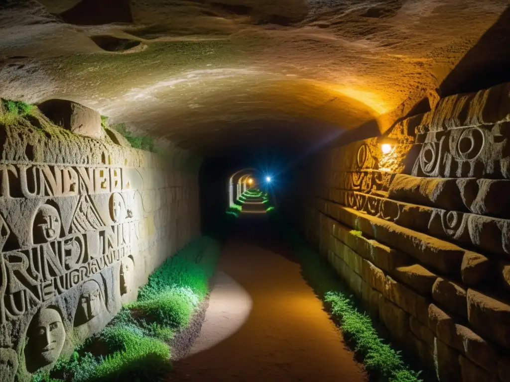 Un túnel subterráneo iluminado por una linterna, con inscripciones etruscas en las paredes, evocando misterio en la construcción de túneles etruscos