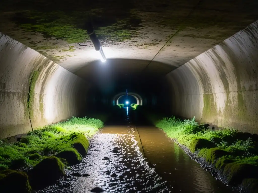 Un túnel subterráneo iluminado por una linterna, con paredes húmedas y musgosas