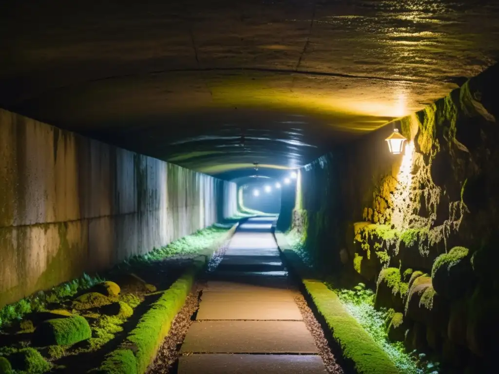 Un túnel subterráneo iluminado débilmente por linternas, con paredes húmedas y musgosas