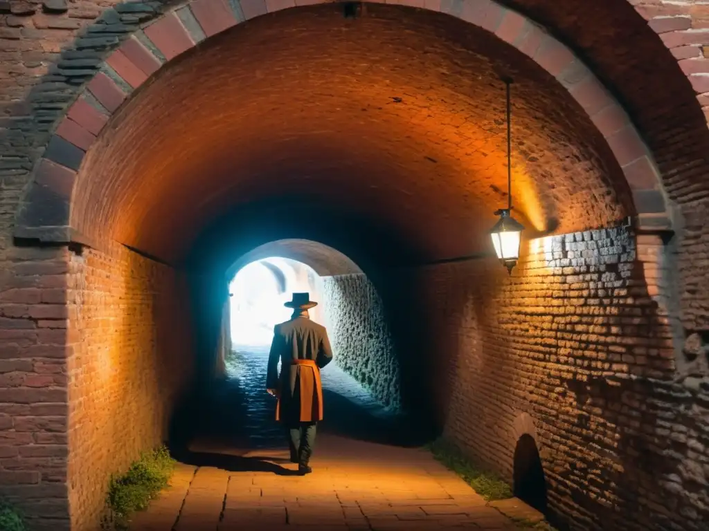 Un túnel subterráneo iluminado por linternas, con un guía histórico invitando a recorrerlo